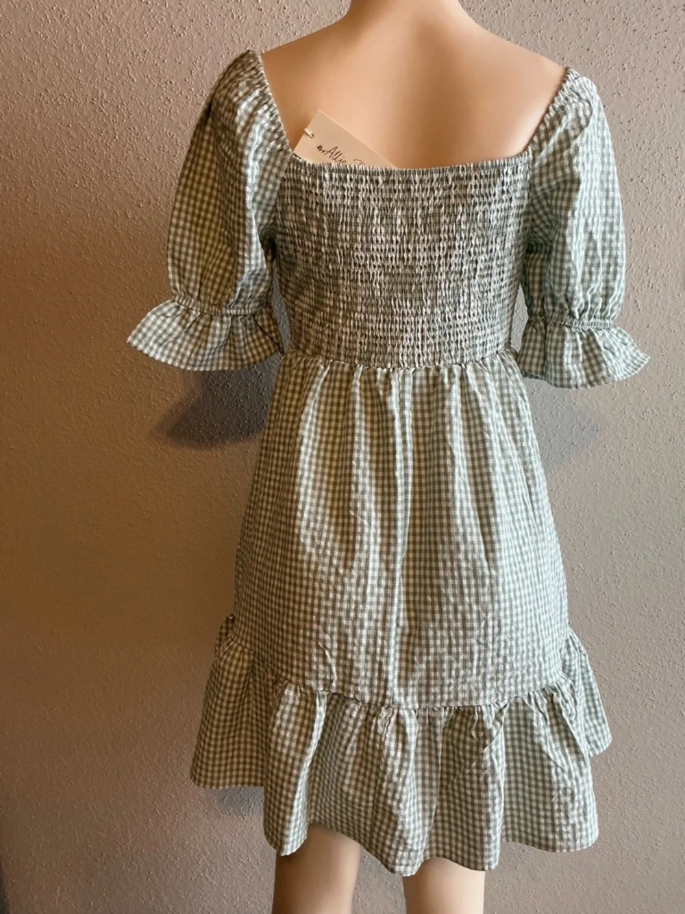 Smocked Gingham Mini Dress in Sage Green - Picture 6 of 8